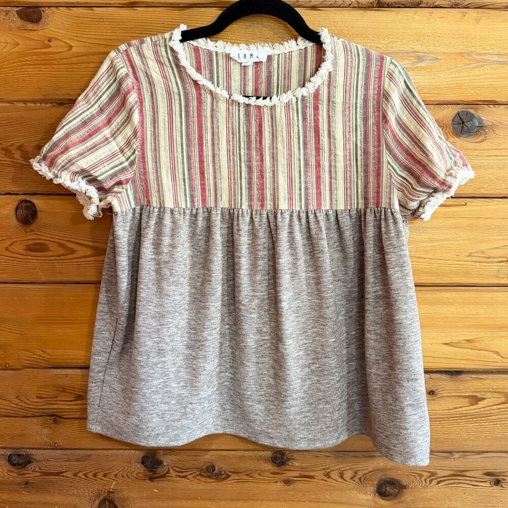 THML Mixed Media Top Medium M Gray Knit Boho Striped Babydoll Fringe Trim Blouse